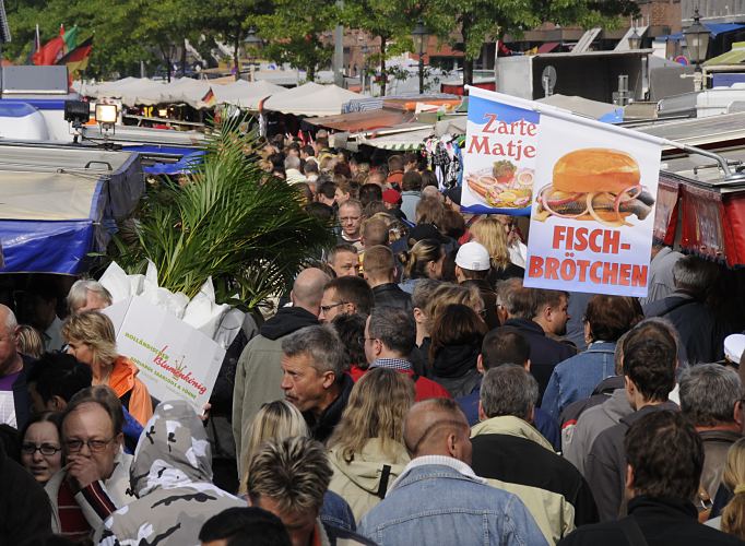 Bilder von den Sehenswrdigkeiten Hamburgs - Sonntags morgens : Fischmarkt.  033_47899 Dichtes Gedrnge auf dem Hamburger Fischmarkt am Sonntag Morgen; ein Kufer trgt die Palmen, die er bei den hollndischen Pflanzenhndler erstanden hat, durch die Menschenmenge - andere stehen am Fischstand wo sie Fischbrtchen und zarten Matjes kaufen und essen knnen. www.fotos-hamburg.de