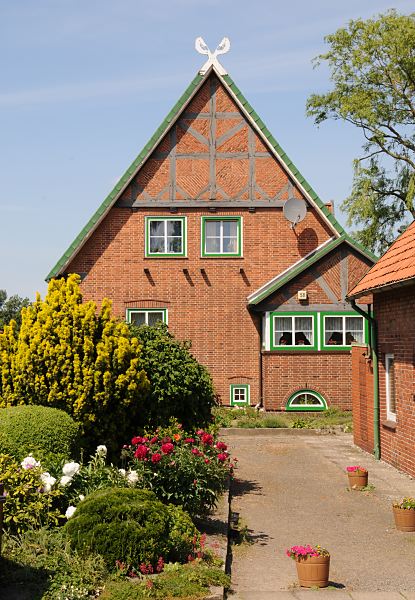 Fotos aus Stadtteil Wilhelmsburg,  Stillhorn   133_9135 Bauernhaus mit Fachwerkgiebel in Hamburg Stillhorn; im Vorgarten blhen Pfingstrosen, die Fensterrahmen sind in regionaltypischen grn gestrichen. Auf dem Dach zwei Pferdekpfe als Giebelschmuck.