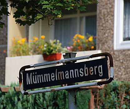 011_15991 - Strassenschild Mmmelmannsberg; im Hintergrund ein Balkon mit gelben Blumen. 