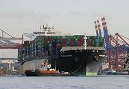 11_21424 Ein Schlepper dirigiert vorsichtig den Containerriesen HATSU COURAGE in den Hamburger Hafen - rechts die Containerbrcken vom Terminal EUROGATE und links die Brcken vom Terminal Burchardkai des Waltershofer Hafens.Das Containerschiff Hatsu Courage ist 334,00 m lang und 42,80m breit, es fhrt 25 Knoten / kn - der Frachter lief 2005 vom Stapel. Bei einem Tiefgang von 14,50 m und einer gross tonnage von 90449 (nett tonnage von 55452) kann er 8073 Standartcontainern / TEU Ladung an Bord nehmen. www.bildarchiv-hamburg.de
