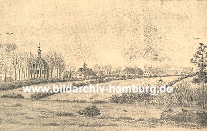 011_15966 - historische Ansicht auf das damals zu Dnemark gehrende Niendorf um 1860 - die Kirche stand zwischen reetgedeckten Bauernhusern und weiten Feldern und Wiesen.  