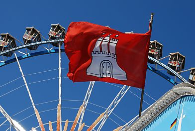 011_15500 - Hamburg Fahne mit dem Hamburger Wappen, der Burg mit Trmen / Zinnen und dem Tor auf rotem Grund. 