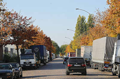 0663 Parkende LKW Lastkraftwagen Berzeliusstrasse - Allee mit Herbstbumen Ahorn.
