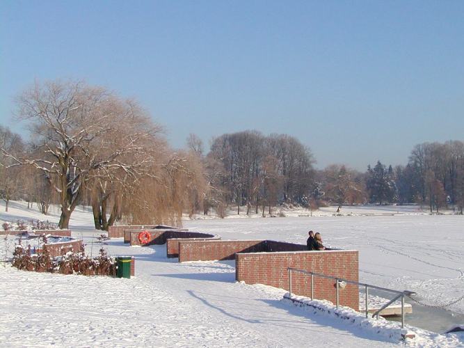 Hamburger Bildagentur - Winterfotos aus dem Stadtpark. 271_101006 Ein Paar steht am Ufer des Stadtparksees und geniesst die Wintersonne. Der See ist zugefroren und mit Schnee bedeckt. Im Hintergrund die kahlen Bume des winterlichen Stadtparks. 