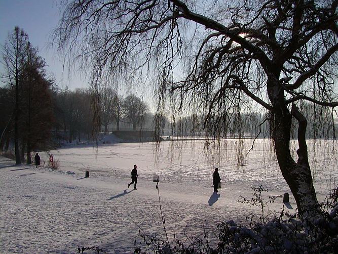 Hamburg-Fotos - Schnee + Sonne im Stadtpark. 280_1010042 Der Jogger, der an einem Wintermorgen um den See des Hamburger Stadtparks joggt, wirft einen langen Schatten auf den Schnee. Ein anderer Stadtparkbesucher steht in der Sonne am Ufer und geniet den Blick auf den zugefrorenen See in der Sonne