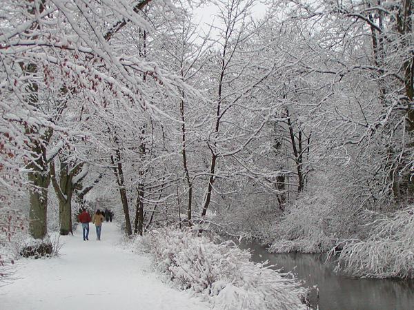 289_1010060 Spaziergnger gehen auf dem verschneiten Wanderweg entlang der Alster Hhe Hamburg Poppenbttel durch die idyllische Winterlandschaft. Die Zweige und ste der kahlen Bume sind mit Schnee bedeckt. Wanderweg am Alsterlauf im Winter - Spaziergnger 