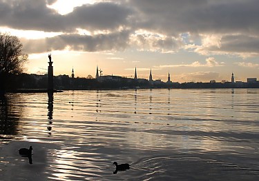 011_15330 - Hamburg Panorama an der Aussenalster; die Trme der Hansestadt ragen in den Abendhimmel; zwei Blesshhner auf der Alster. 