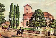 17793_27_35 Historisches Motiv der Christianskirche, ca. 1835. Ein Paar sitzt in einer leichten Pferdedroschke; ein Reiter mit Zylinder reitet Richtung Palmaille. Unter der Linde ist das eingez�unte Grab Klopstocks zu erkennen. Der barocke Kirchenbau der Ottensener Christianskirche wurde 1738 fertig gestellt. Der Architekt war Otto Johann M�ller, benannt wurde die Kirche nach dem d�nischen K�nig Christian VI.