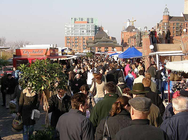 33_46915 Zu den interessantesten Hamburger Sehenswrdigkeiten gehrt der Altonaer Fischmarkt, der jeden Sonntag an der Elbe stattfindet. HamburgerInnen und Touristen drngen sich auf dem Markt und kaufen Pflanzen, Gemse oder Fische.