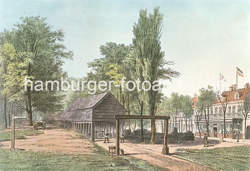 Hamburgensie von der historischen Reeperbahn. Reepschlger bei der Arbeit - Ausflugslokal mit Gartenterrasse. Historische Bilder von Hamburg. 34_41206 Auf der Reeperbahn bten die Seilmacher / Reepschlger ihr Handwerk ab ca. 1633 vor dem Millerntor, eines der Stadttore Hamburgs. aus. Unter der berdachten Strecke fertigen zwei Reeper die bis zu 300 m langen Schiffstaue. Rechts eines der vielen Ausflugslokale mit Gartenterrasse auf der Gste sitzen. Um 1882 kaufte die Stadt Hamburg den Reepschlgern das Areal ab, legte Strassen an und verkaufte das Gebiet als Baugrundstcke.