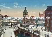 33_47995 Blick vom Klingberg zum Messberg; unten ein Ausschnitt vom Klingbergfleet. Mehrere Strassenbahnen fahren vor dem hohen Portal der Wandrahmsbrcke, die ber den Zollkanal zum Hamburger Freihafen und Speicherstadt fhrt. www.hamburg-bilder.biz