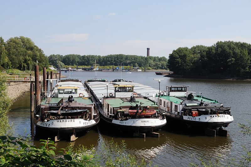 Hamburgfotos aus dem Bezirk Hamburg-Mitte, Stadtteil Veddel. Binnenschiffe im Peutehafen - Blick ber die Elbe nach Entenwerder / Rothenburgsort. Bilder aus Hamburg - Christoph Bellin.  231_4236 Drei Hamburger Binnenschiffe liegen im Peuter Hafen; auf dem gegenber liegenden Seite der Elbe die Anleger der ehem. Zollstation von Entenwerder. Rechts der Wasserturm / Turm der Wasserkunst von Hamburg Rothenburgsort.