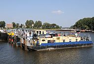 232_4247 Mehrere Schubschiffe liegen nebeneinander im Peute Hafen. Als Schubboot, auch Schuber / Schieber genannt, bezeichnet man ein Schiff in der Binnenschifffahrt, das ein oder mehrere Schubleichter schiebt. Einige Frachtschubleichter sind am gegenber liegenden Ufer des Hafenbeckens fest gemacht. Im Hintergrund die Eisenkonstruktion der Eisenbahnbrcke am Billehafen auf der anderen Seite der Norderelbe.