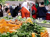 100_1_9806 Der Wochenmarkt auf dem Wilhelmsburger Stübenplatz findet Mittwochs und Sonnabends statt. In Kisten werden die einzelnen Gemüsesorten angeboten. Neben Kartoffeln und Salaten weise ein Schild auf Moorwerder Sellerie hin. ©www.bilder-hamburg.de
