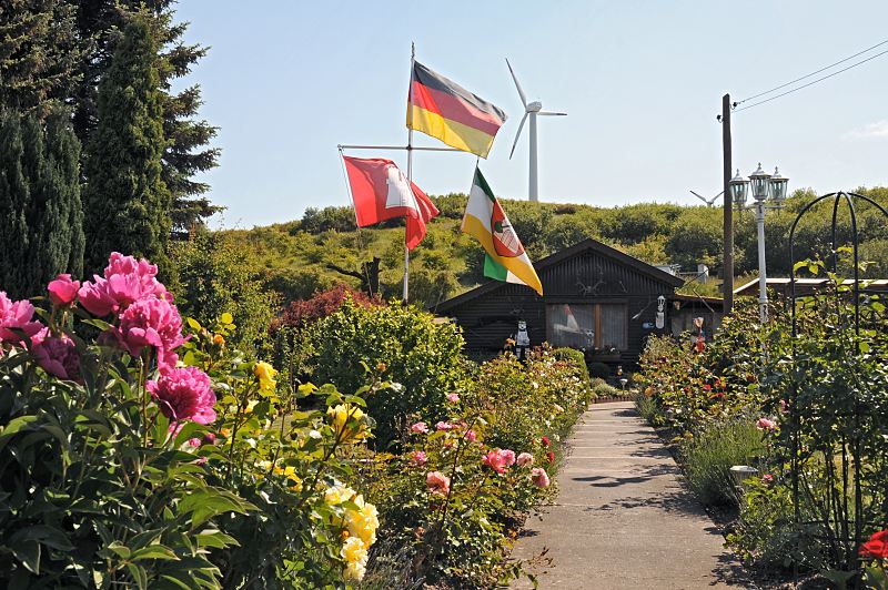 Schrebergarten vor der Windkraftanlage Georgswerder - Hamburger Fotografie  Hamburg-Fotografien aus dem Bezirk Hamburg-Mitte; Wilhelmsburg, Georgswerder  106_8894 Blumenpracht im Kleingarten 723 am Niedergeorgswerder Deich; Pfingstrosen und Strauchrosten stehen in voller Blte. Vor dem Gartenhaus weht die Hamburgfahne und die Deutschlandflagge - im Hintergrund eine der vier Windkraftanlagen auf der Hgel der ehemaligen Mlldeponie Georgswerder. Die Mlldeponie wurde von 1948 - 1979 genutzt, um Haus und Sondermll zu entsorgen. 1983 wurde u.a. das Gift Dioxin im Sickerwasser der stillgelegten Anlage festgestellt. Innerhalb von als zehn Jahren wurde der 14 Mio. Kubikmeter umfassende Mllberg aufwndig abgekapselt, so dass keine Gifte mehr austreten sollten. www.bilder-hamburg.de