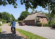 108_8913 Georgswerder ist ein Ortsteil des Stadtteils Wilhelmsburg. Ein historisches Strohdachhaus steht dicht an der Georgswerder Strasse Niedergeorgswerder Deich. Die Bltter eines Kastanienbaumes spenden Schatten, ein Fahrradfahrer fhrt auf dem Radweg.  www.bilder-hamburg.de