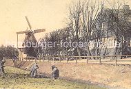 111_0141a Historische Aufnahme der Wilhelmsburger Windmhle ca. 1900. Die Windmhle wurde 1885 als Galerie-Hollndermhle gebaut - die Vorgngermhlen, die seit 1585 an dieser Stelle standen mussten wg. Bauflligkeit abgerissen werden oder wurden durch Feuer zerstrt. An der Strasse steht hinter Bumen ein Fachwerkhaus, Buerinnen / Mgde mit Schrze und Kopftuch arbeiten auf dem Feld. www.hamburger-fotoarchiv.de