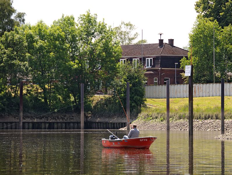 Bilder von der Elbe bei  Hamburg - Bezirk Hamburg- Mitte; Norderelbe Angler auf der Norderelbe - Elbufer bei der Stackmeisterei Bunthaus   145_0616 Ein Angler ankert mit seinem kleinen Motorboot vor dem Hafen der Bunthuser Stackmeisterei - er hat zwei Angeln in das auflaufende Wasser der Norderelbe geworfen. Die Stackmeisterei hat neben der Verantwortung zur Pflege der Stacks oder Buhnen, Uferdeckwerke und Leitdmme in ihrem Bereich des Elblaufs auch die Aufgabe dort die Fliessgeschwindigkeit der Norderelbe / Sderelbe zu messen. Auf diese Weise wird festgestellt, wie viel Wasser den jeweiligen Flussarm des Elblaufs durchfliet.