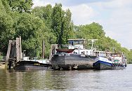 152_0741  Am Liegeplatz fr Binnenschiffe am Ufer der Sderelbe Finkenriek, Stillhorn haben zwei Binnenschiffe fest gemacht. Neben der LUMINA liegt die WALTER LAUK aus Hamburg - sie wird gerade von der ELBETANK betankt.