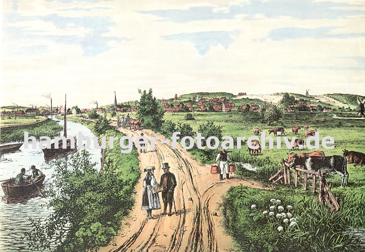 historischer Kunstdruck aus dem alten Bergedorf - Schleusengraben, Wiesen + Khe  11_21576 Historisches Motiv aus Bergedorf ca. 1850 - Blick auf den Schleusengraben Richtung die Bergedorfer Stadt. In der linken Bildmitte der Kirchturm der St. Petri und Pauli Kirche, auf dem Schleusengraben fahren ein Ruderboot und Segelkahn. Auf der Wiese stehen Khe und Bergedorfer sind in ihrer Tracht abgebildet.  www.hamburger-fotoarchiv.de