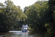 11_21581 Eine weisse Motoryacht fhrt flussabwrts auf der Dove-Elbe; hohe Bume stehen am Flussufer, die ste wachsen bis zur Mitte des Flusse und bilden fast ein grnes Dach.  www.hamburg-fotograf.com