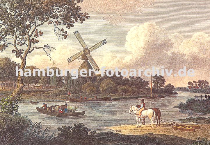 altes Bild aus den Vierlanden - Motiv Dove-Elbe und Mhle Reitbrook, Fhre   11_21592 Die Reitbrooker Windmhle an der Dove-Elbe ca. 1820; eine Fhre befrdert die Fracht zwischen den beiden Ufer der Doveelbe. Der Fhrmann stakt das Boot mit einem Stecken per Hand ber das Wasser. An Bord ist eine Herde Khe und Fahrgste. An Land wartet ein Pferdegespann mit Transportschlitten und Pferdefhrer auf die berfahrt zum anderen Ufer der Dove-Elbe. Die Windmhle Reitbrook wurde ursprnglich um 1773 errichtet - nach einem Brand 1870 neu erbaut wurde.   www.hamburg-fotos.org