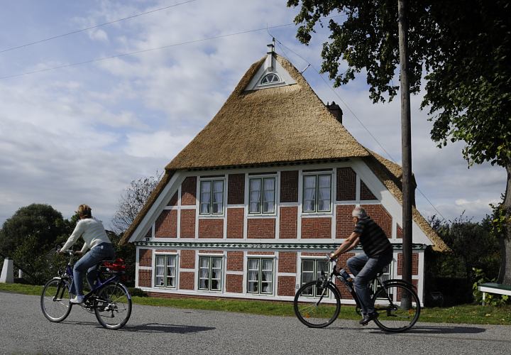 Fotos von Ausflugsgebiet Hamburg Bergedorf - Radtour auf dem Elbdeich, Bauernhaus  11_21625 Im Sommer sind die Vier- und Marschlande ein beliebtes Ausflugsziel fr Radtouren. Die Fahrt geht in der Sommersonne auf der Deichkrone an strohgedeckten Bauernhusern vorbei. www.hamburg-bilder.org