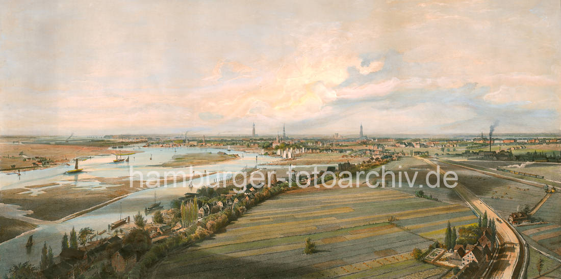 01121_45337 Historisches Panorama ca. 1850 von der Elbe bei Hamburg Rothenburgsort - Blick vom Wasserspiel / Wasserturm auf die Norderelbe. Huser am Elbufer - Ewer auf dem Fluss bei Niedrigwasser. Im Hintergrund die Kirchtrme der Hansestadt Hamburg; re. fhrt ein Zug unter Dampf auf der Eisenbahnstrecke Hamburg - Berlin.