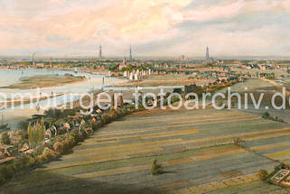 01121_45337 Historisches Panorama ca. 1850 von der Elbe bei Hamburg Rothenburgsort - Blick vom Wasserspiel / Wasserturm auf die Norderelbe. Huser am Elbufer - Ewer auf dem Fluss bei Niedrigwasser. Im Hintergrund die Kirchtrme der Hansestadt Hamburg; re. fhrt ein Zug unter Dampf auf der Eisenbahnstrecke Hamburg - Berlin.