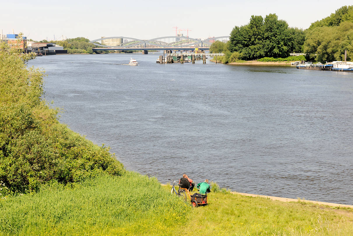 01131_2626 Blick ber die Einfahrt zur Billwerder Bucht zu den Norderelbbrcken - Angler sitzen am Wasser, ein Sportboot in Fahrt Richtung Sperrwerk. Rechts die Halbinsel Entenwerder, Arbeitsboote liegen an Pontons und Wasserbrcken.