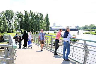 01165_5721 Fussgngerbrcke vom Alexandra-Stieg zum Elbpark Entenwerder ber den Haken, ehem. Hafenbecken in Hamburg Rothenburgsort. Im Hintergrund die Norderelbe und das Elbufer der Veddel.