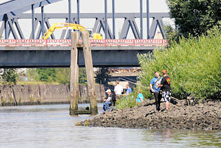 01201_6519 Angler am Ufer des Elbpark Entenwerder - hinter der Holzdalbe die Einfahrt zum Billehafen / Oberhafenkanal unter der Brcke der Billhorner Brckenstrasse.