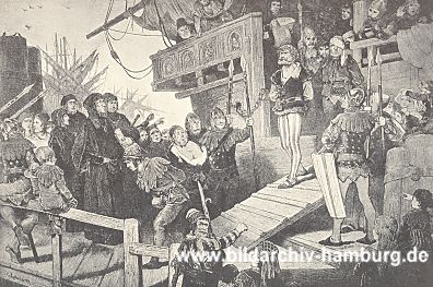 011_14055 - Strtebeker und seine Mitstreiter werden gefangen in Hamburg von Bord gefhrt.