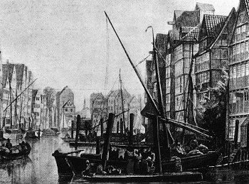 011_14747 ABlick auf das Fleet; Lastkhne und Segelboote liegen dort zum Be- und Entladen. (ca. 1840). 