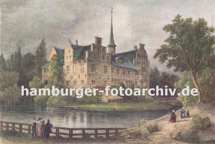 historische Bilder aus dem Hamburg Bergedorf - altes Foto vom Bergedorfer Schloss.  11_21466 Blick ber den Schlossgraben zum Bergedorfer Schloss ca. 1850. Die Ursprnge vom Wasserschloss in Bergedorf wurde um 1220 angelegt, der jetzige Bau ab dem 15. Jh. entwickelt und seitdem mehrfach verndert. Die Anlage steht seit 1926 unter Denkmalschutz. Ab 1953 beinhaltet das historische Gebude das Museum fr Bergedorf und die Vierlande. www.hamburger-fotoarchiv.de