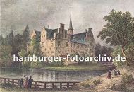 11_21466 Blick ber den Schlossgraben zum Bergedorfer Schloss ca. 1850. Die Ursprnge vom Wasserschloss in Bergedorf wurde um 1220 angelegt, der jetzige Bau ab dem 15. Jh. entwickelt und seitdem mehrfach verndert. Die Anlage steht seit 1926 unter Denkmalschutz. Ab 1953 beinhaltet das historische Gebude das Museum fr Bergedorf und die Vierlande. www.hamburger-fotoarchiv.de