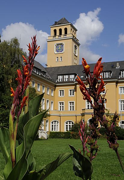 11_21508 Turm mit Uhr vom Bergedorfer Rathaus - Blumen und Wiese auf der Rathaus-Rckseite. Das Rathaus von Bergedorf war ursprnglich eine 1899 errichtetes Wohnhaus - der Architekt war Johann Grotjahn. 1924 erwarb die Stadt Bergedorf das Gebude und baute es unter der Regie des Stadtbaurats Wilhelm Krger und dem Architekten Georg Lindner zum Rathaus Bergedorfs um. www.hamburg-fotograf.com  Fotografie vom Rathaus Bergedorf