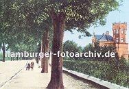 11_21521 alte Bergedorfer Ansicht von der Wentorfer Strasse ca. 1905; auf dem historischen Foto ist der Brgersteig dicht mit Strassenbumen bepflanzt - Kinder stehen an der Allee unter einer gebogenen Strassenlaterne. Hinter einem Eisenzaun steht eine Stadtvilla, die in Neogotischem Stil erbaut wurde. Diese Backsteinvilla ist Teil vom sogenannte Villenviertel - wohlhabende Hamburger und Bergedorfer Brger lieen dort ihre reprsentativen Wohnhuser errichten. Es entstanden Stadthuser, die die unterschiedlichen Stile der Architektur ausdrckten - neben der Bauform der Grnderzeit wurde auch der Jugendstil architektonisch umgesetzt oder Wohnhuser in der Architektur der neuen Sachlichkeit gebaut.  www.hamburg-fotograf.com