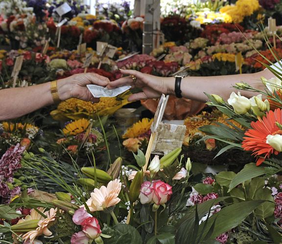 Hamburg Bilder - Blumenstand mit Schnittblumen - Fotos Wochenmarkt  11_21547 Blumenstand mit farbenprchtigen Schnittblumen auf dem Bergedorfer Wochenmarkt. Eine Kundin reicht gerade der Blumenverkuferin einen Geldschein.