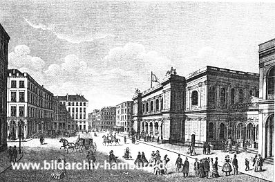 04_22763 Brse und Adolphsplatz ca. 1850; Passanten, Reiter mit Pferden und Pferdekutsche auf der Strasse.