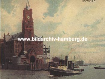011_14751 historischer Kaiserspeicher; lks. ein Kran auf der Kaimauer; ein Dampf-Schlepper fährt Richtung Binnenhafen. (ca. 1920). 