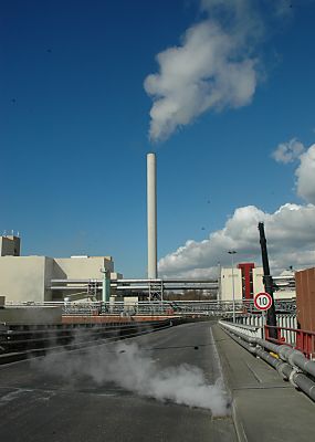 04_23076 Strasse zur Mllver- wertungsanlage - Dampf steigt aus dem Gulli .