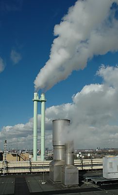 04_23077 ber den Dchern vom Biomasse-Heizkraftwerk Hamburg. weisse Wolken + Dampf am blauen Himmel. 