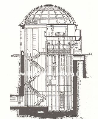 011_14873 - Querschnitt des Gebudes vom Alten Elbtunnel / Landunsbrcken; lks. die Treppen fr die Fussgnger, rechts die Aufzge fr die KFZ - oben re. die Maschinen der Winden.