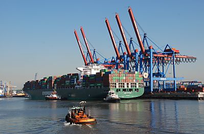 011_15699 - Schlepper bugsieren das hoch beladene Containerschiff an den Burchardkai; die Ausleger der beweglichen Containerbrcken ragen in den blauen Hamburger Himmel. 