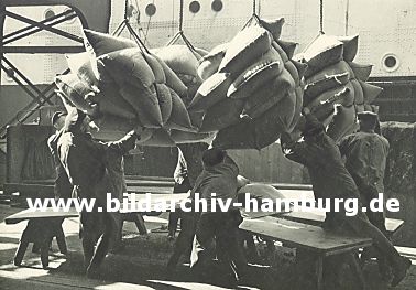 011_15811 - Hafenarbeiter entladen ein Schiff _ Kaffeescke werden mit dem Kran an Land gebracht ( ca. 1939 ) . 