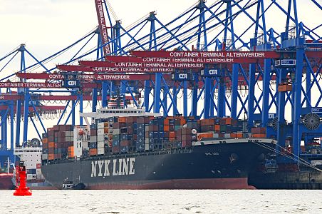 011_17474 - der fast 300m lange Containerfrachter NYK Leo  unter den Containerbrcken des CTA im Hamburger Hafen; das Schiff kann knapp 6180 Standart Container transportieren.  Links eine rote Fahrwassertonne. 