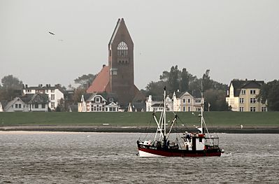 011_15056 - ein Krabbenkutter fhrt Richtung Elbmndung / Cuxhaven; im Hintergrund die ehem. Garnisonskirche und jetztige St. Petrikirche von Cuxhaven. 