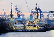 02_4507-9 Abendstimmung im Hamburger Hafen - Blick von den St. Pauli Landungsbrcken ber die Norderelbe zu den Werftanlagen der Schiffswerft Blohm + Voss. Im Trockendock Elbe 17 liegen zur Wartung die Kreuzfahrtschiffe AMADEA und ALBATROS nebeneinander. www.hamburg-fotos.org