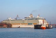 15_6743 Am frhen Morgen wird das 338m lange und 56m breite Kreuzfahrtschiff FREEDOM OF THE SEAS im Trockendock Elbe 17 der Hamburger Werft Bohm + Voss eingedockt. Drei Schlepper halten die Verschlusswand des Docks bereit. 